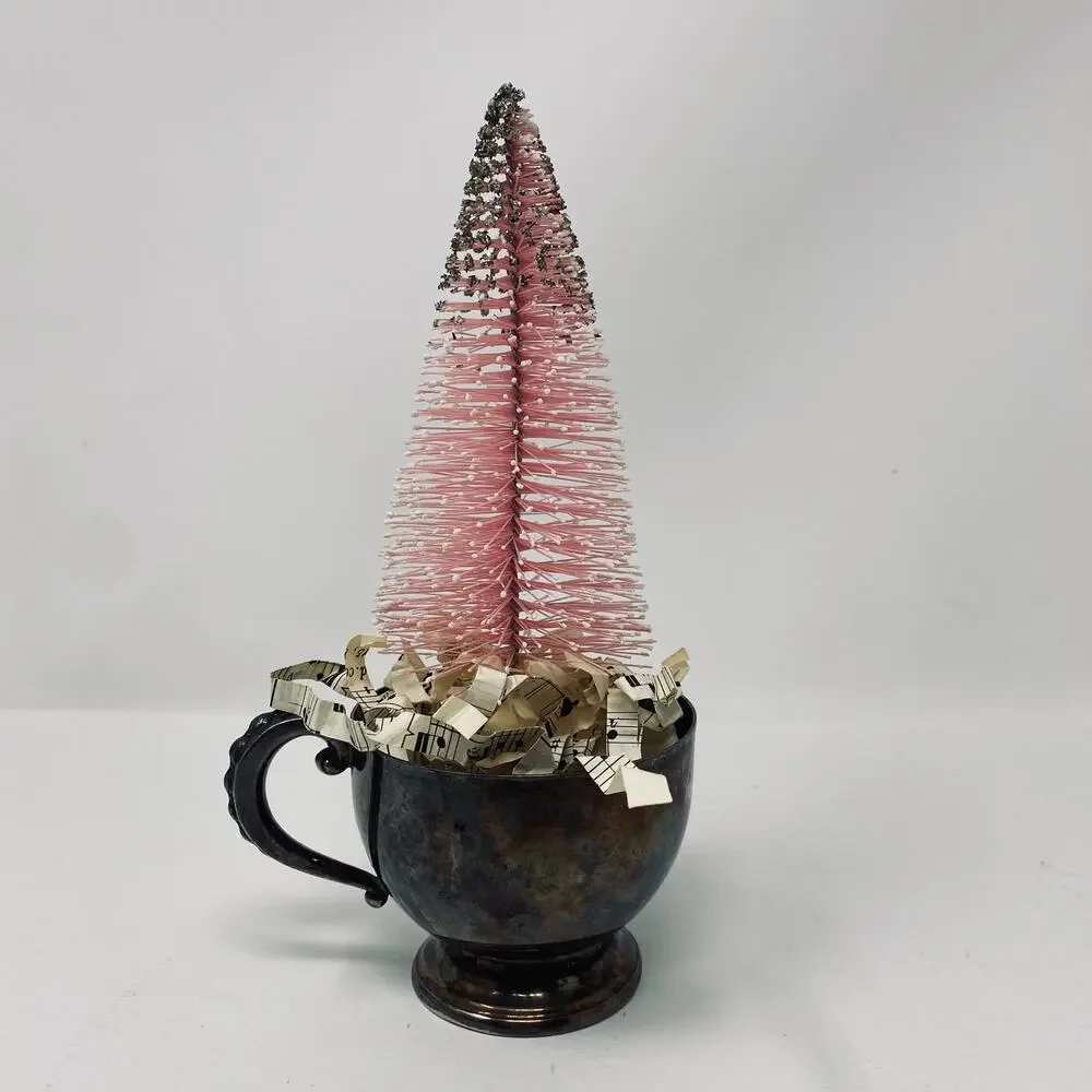 Vintage silver plated tea cup with pink bottle brush tree with gold glitter